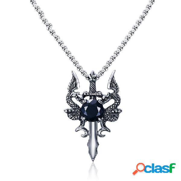 Colar de Pingente de aço Inoxidável Zircão Preto Espada
