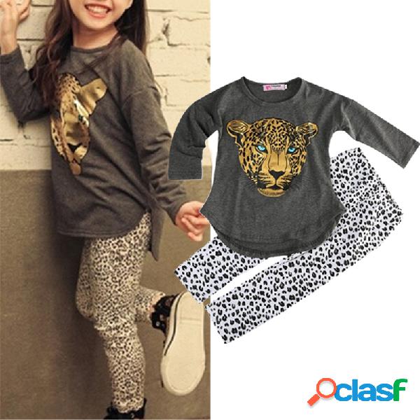 Conjunto casual de mangas compridas com estampa de leopardo