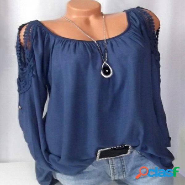 Cor sólida fora do ombro Lace O pescoço camisas de manga