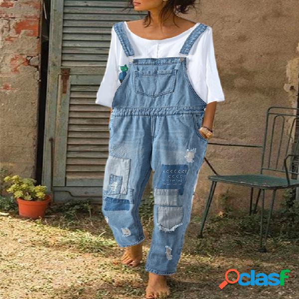 Correias de retalhos bordadas Ripped Denim Jumpsuit Para