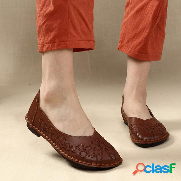 Costura Toe Redondo Couro Genuíno Mocassins Baixos