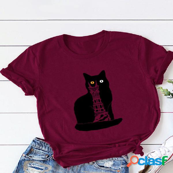 Cute Cat Print Mulheres de manga curta T-shirts