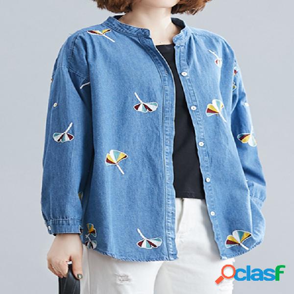 Denim bordado manga comprida blusa casual para mulheres