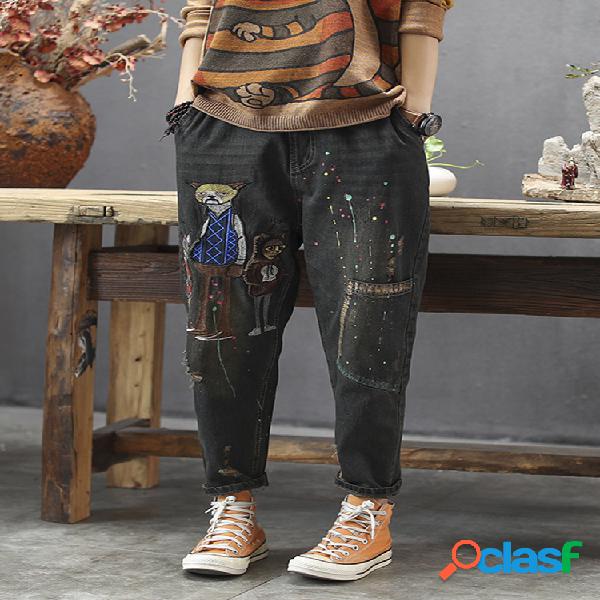 Desenhos animados do vintage bordado cintura elástica denim