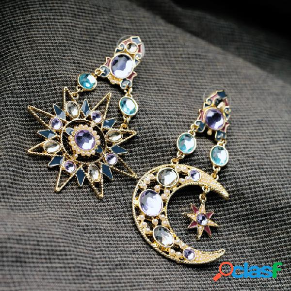 Deusa Boêmia Lua Sol Brincos Ouro Rhinestone Orelha Queda