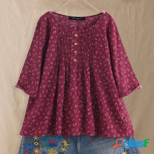 Estampa Floral Vintage Plissado Plus Tamanho Camisa