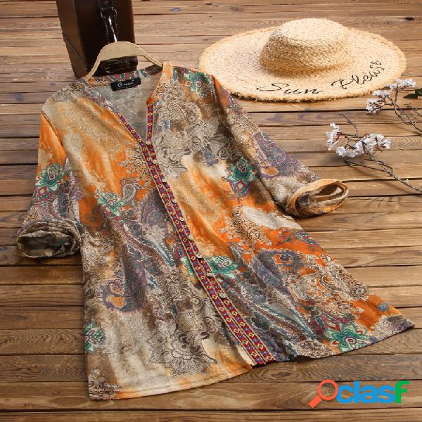 Estampado V Neck manga comprida Vintage Plus Tamanho Camisa