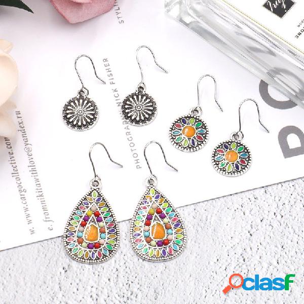 Flor do sol boêmio Brincos 3Pair gotas de água Colorful