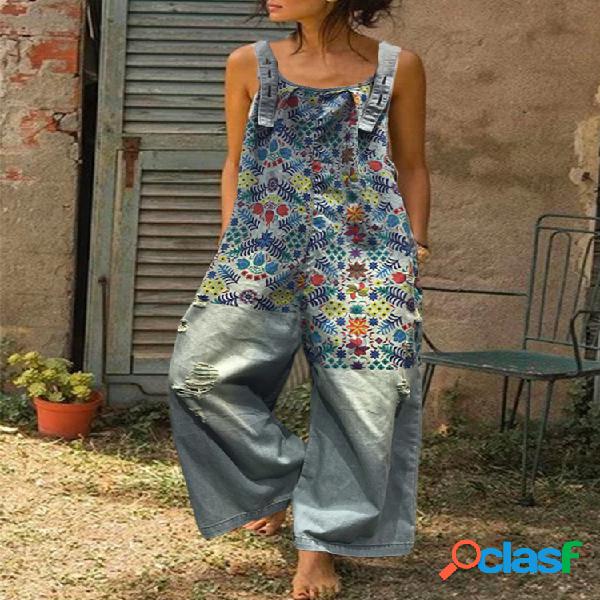 Floral Print Patchwork rasgado Denim Jumpsuit Para Mulheres