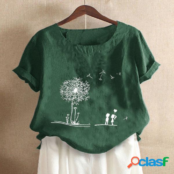 Flores Estampado Manga Curta Verão Plus Tamanho Camiseta