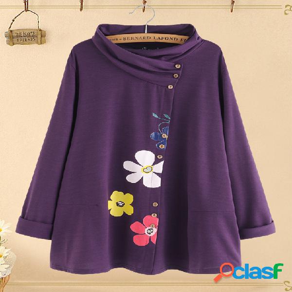 Flores Impresso Botão Casual Plus Blusa Tamanho