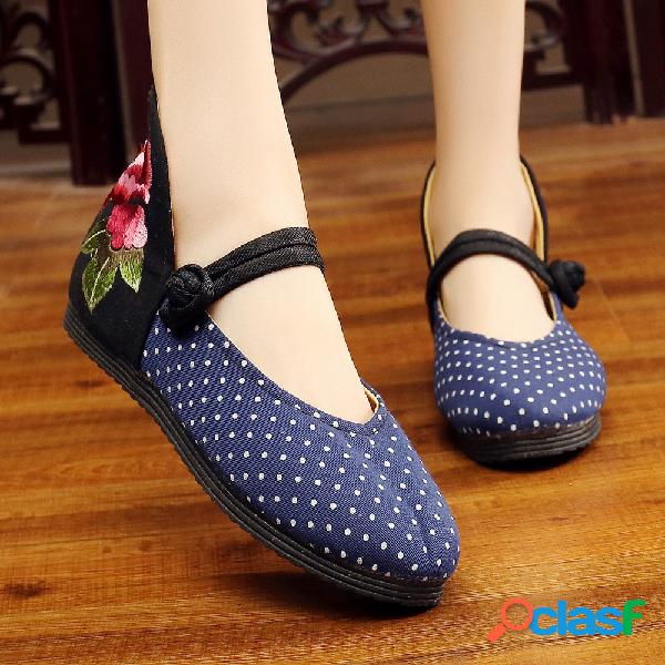 Flores bordadas Dot lona folkways fivela plana sapatos