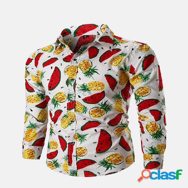 Fruta impressa Turn Down Collar manga comprida Casual Camisa
