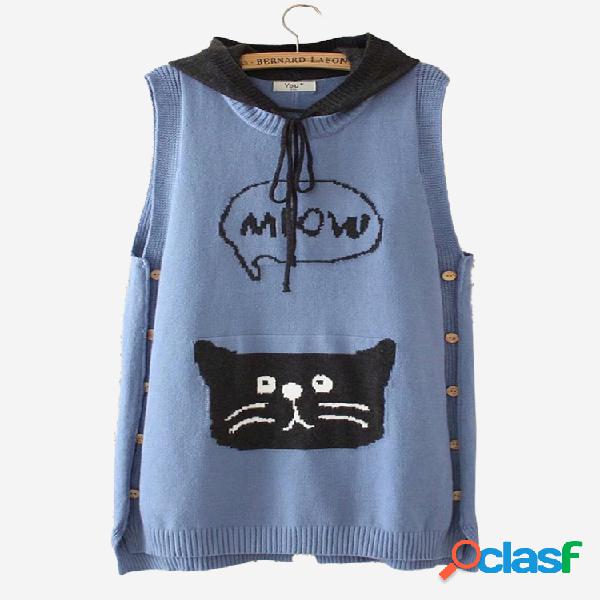 Gato casual botão de impressão com capuz patch camisola