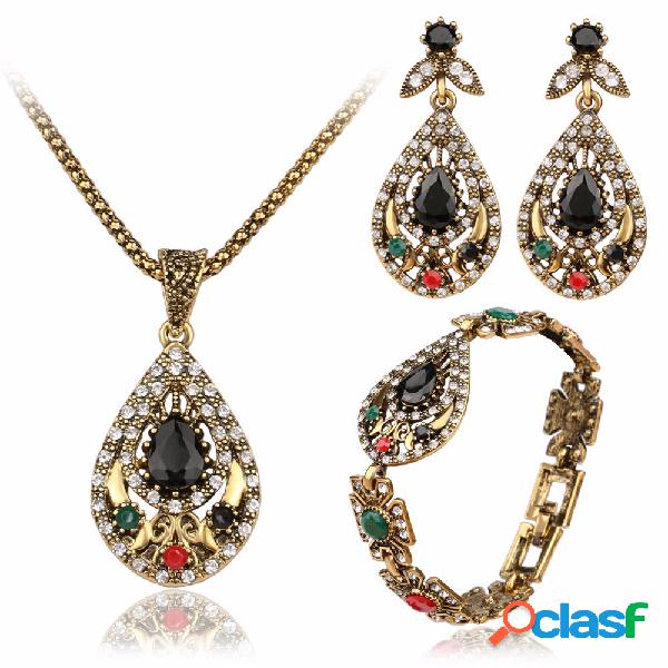 Gota de Água do vintage Jóias Set Oco Rhinestone Pulseira