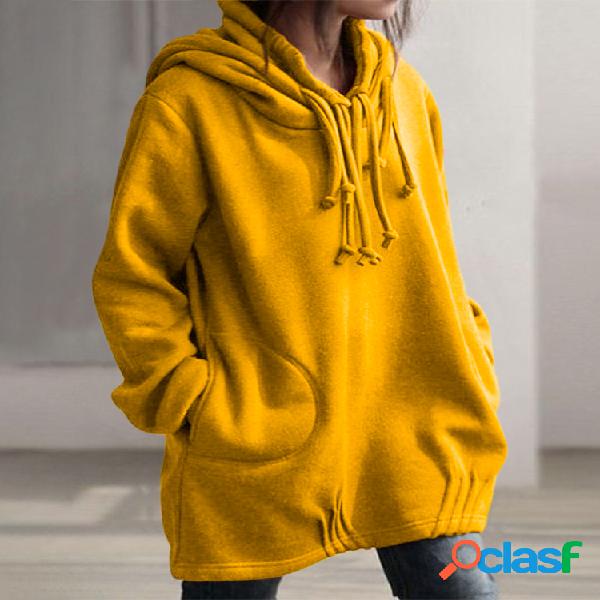 Hem plissado cor sólida Casual Plus Hoodie tamanho com