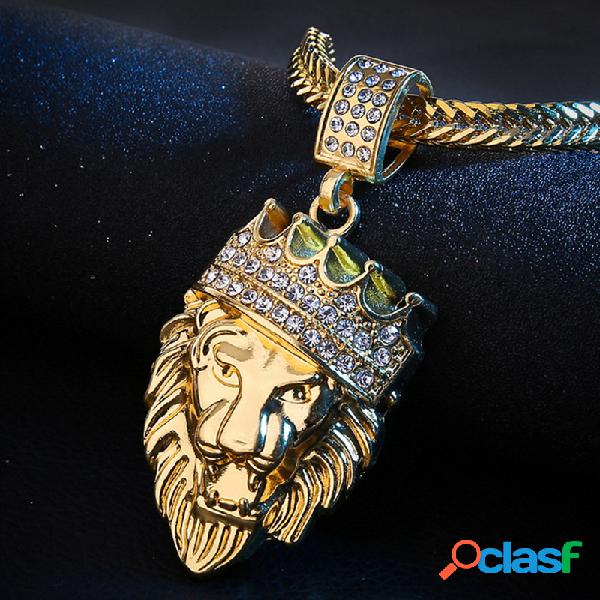 Hip Hop Lion Head Colar De Ouro De Strass Colar De Metal