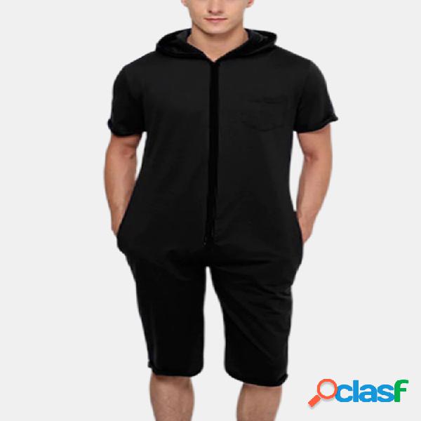 Homens Manga curta Plain Onesies Pijama Zip Down Hooded Home