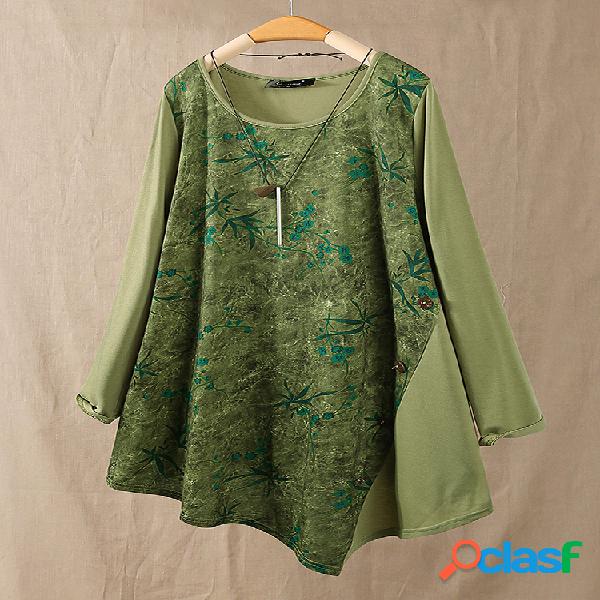 Impressão Vintage Patchwork Irregular Hem Plus Blusa