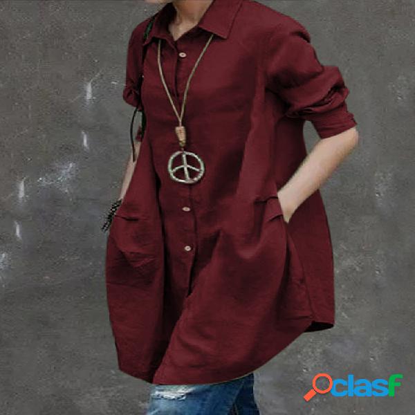 Irregular Hem manga comprida Solid Color Casual Camisa para