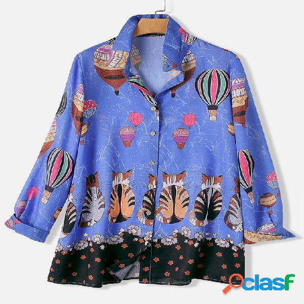 Lapel Imprimir manga comprida Casual Camisa para mulheres