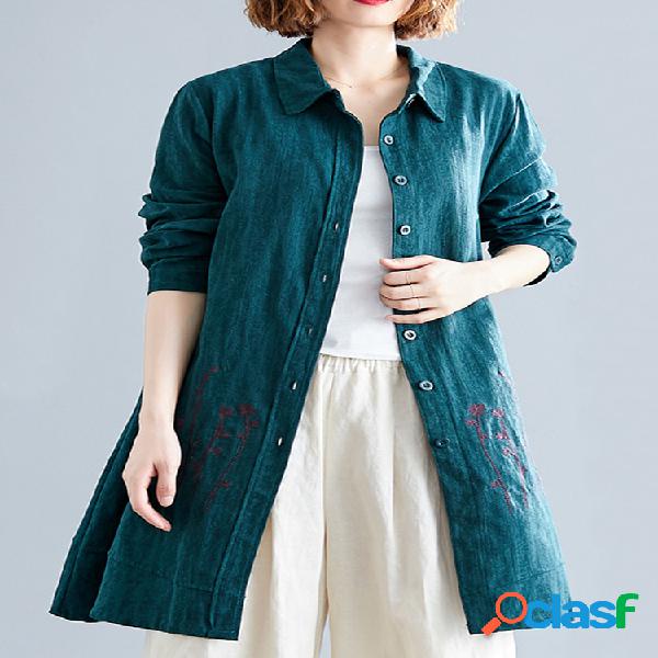 Lapela bordada vintage longa Camisa para mulheres