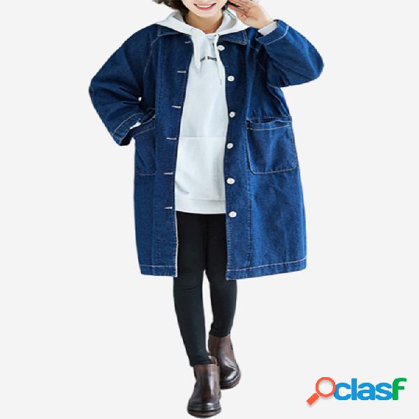 Lapela cor sólida manga comprida denim casaco casual