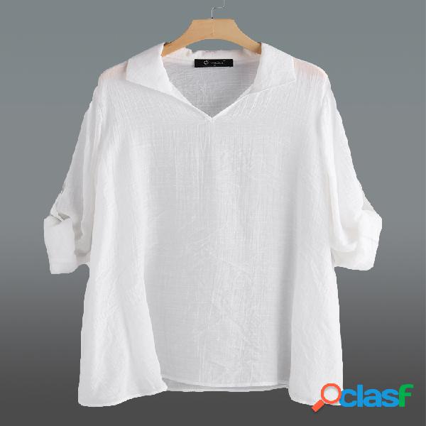 Lapela de cor sólida Casual manga longa Plus tamanho Camisa