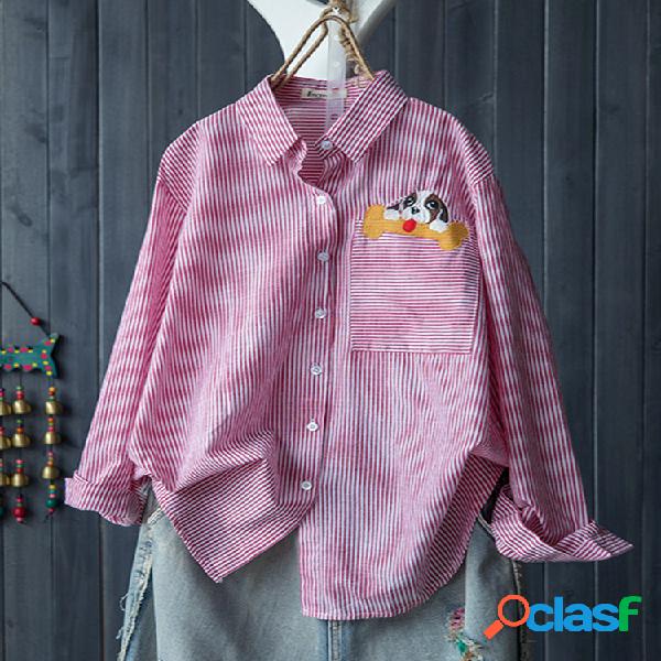 Listrado Animal De Lapela Bordado Manga Longa Blusas