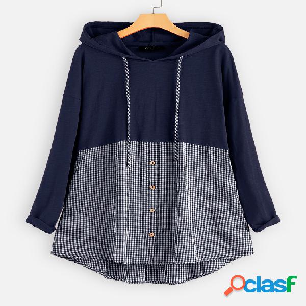 Manta de retalhos com capuz Plus blusa de tamanho com bolsos