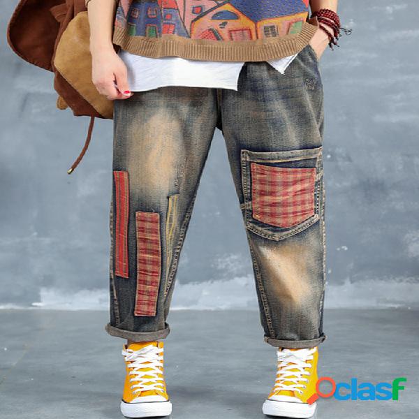 Manta de retalhos de cintura elástica rasgada Jeans para
