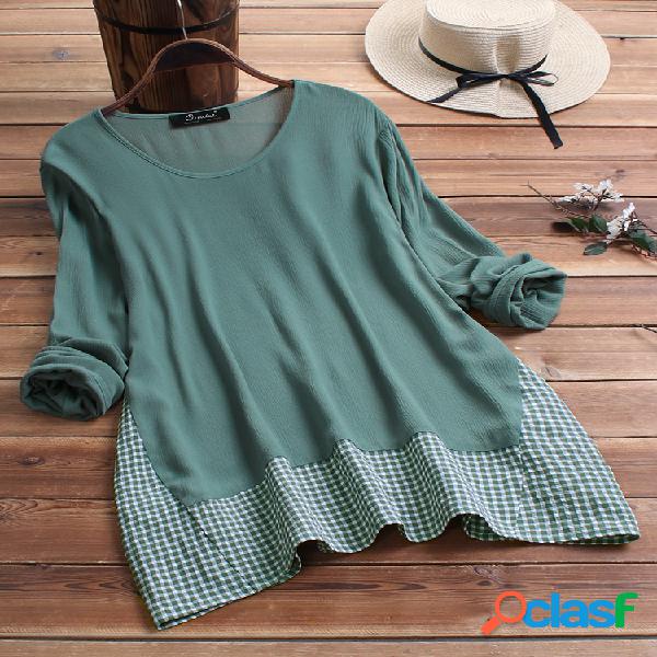 Manta de retalhos vintage manga comprida Plus blusa de