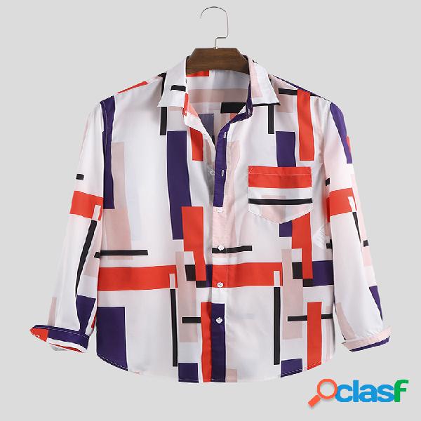 Mens Brief Multi Color Block Casual Camisas de manga