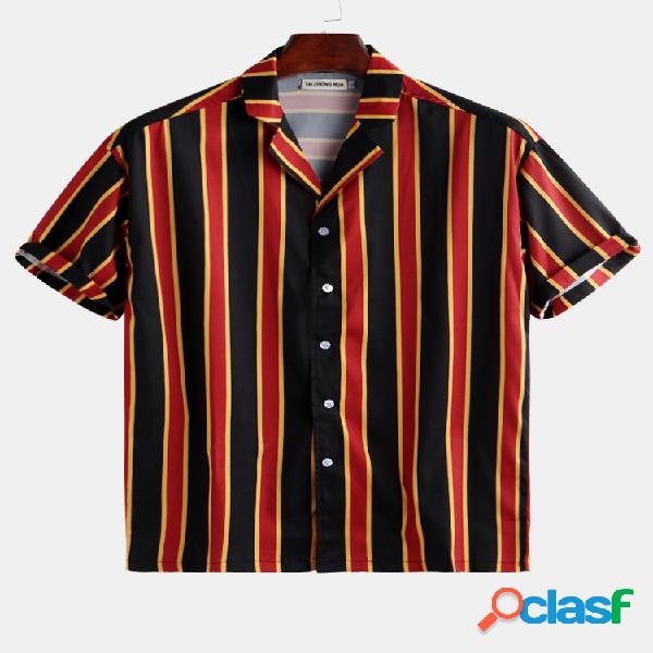 Mens Casual Vertical Stripe Printed Loose Fit Manga curta