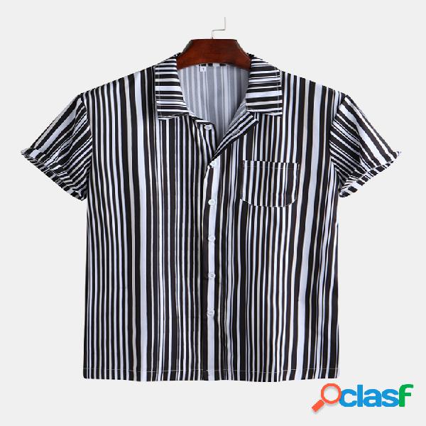 Mens Casual Vertical listrado peito bolso manga curta solta
