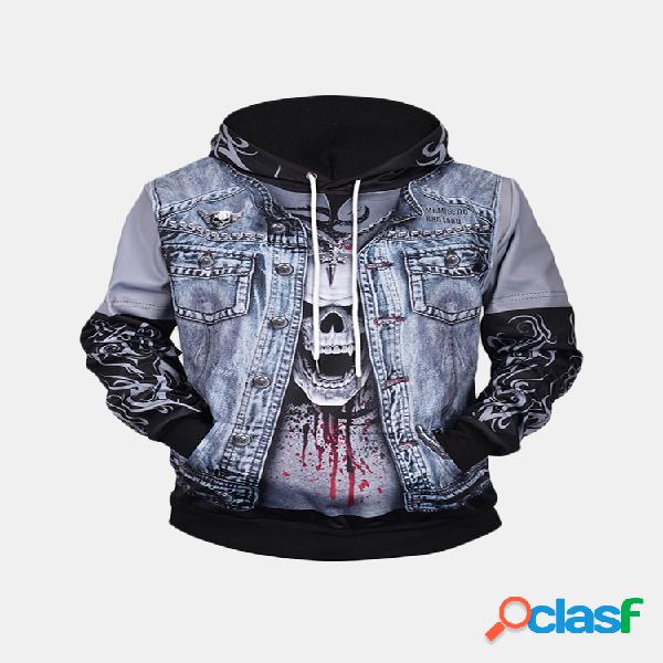 Mens Caveira denim 3d impressão cordão hoodies casuais