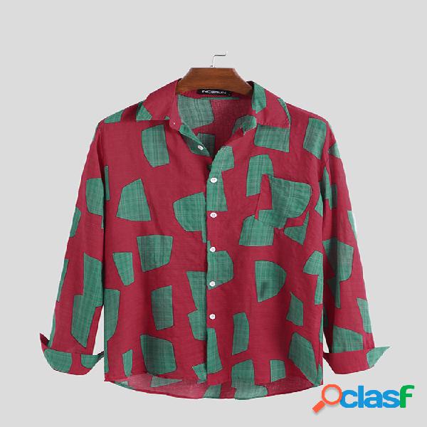 Mens Color Block Pocket Camisas de manga comprida casuais