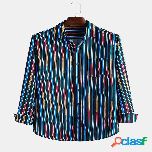 Mens Colorful Stripe Printed Turn Down Collar Camisas de