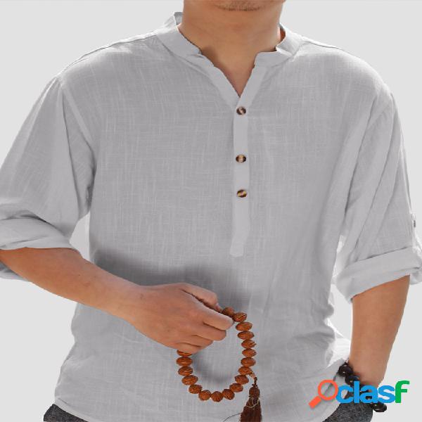 Mens Cotton Respirável Fino Breve Manga comprida Stand
