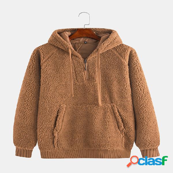 Mens Estilo Breve Cor Sólida Lambswool Muff Pocket Hoodies