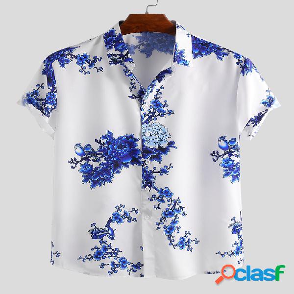 Mens Estilo Chinês Porcelana Floral Impresso Manga Curta