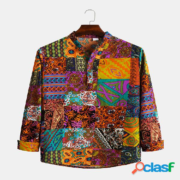 Mens Estilo Natinal Casual Patchwork Impresso Algodão Linho