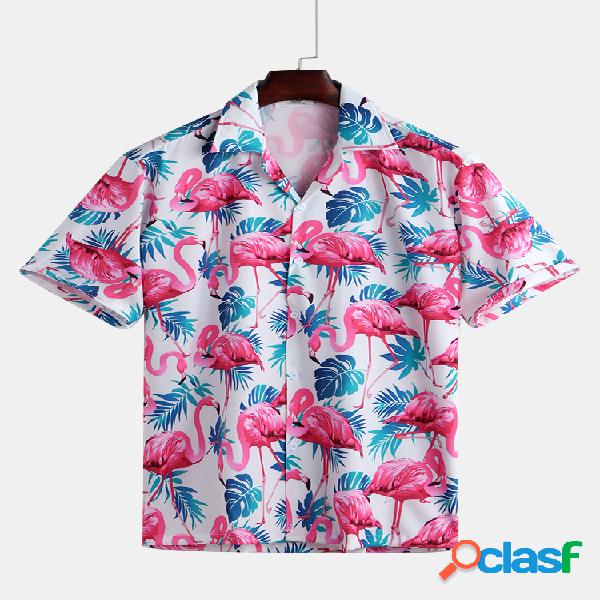 Mens Flamingo havaiano engraçado impresso Turn Down Collar