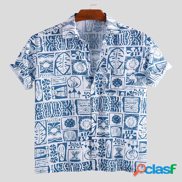 Mens Floral Impresso Peito Bolso Turn Down Collar Manga