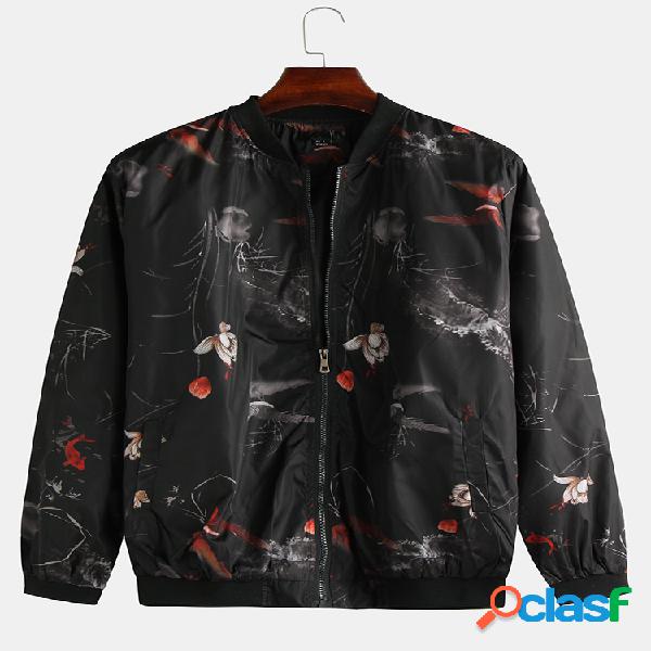 Mens Floral Prinetd Stand Collar Manga comprida Loose
