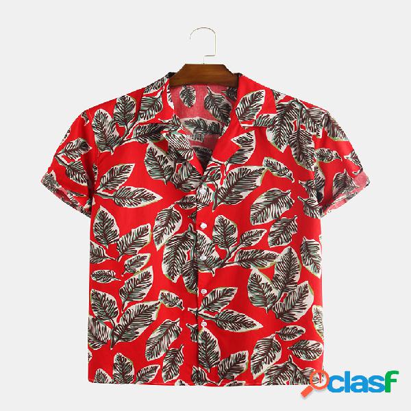 Mens Folha Impressão respirável Casual Turn Down Collar