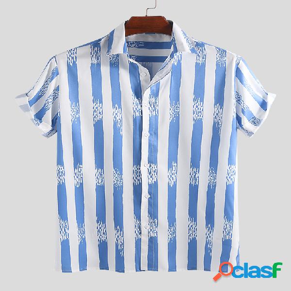 Mens Freshness Striped Turn Down Collar Manga curta Loose
