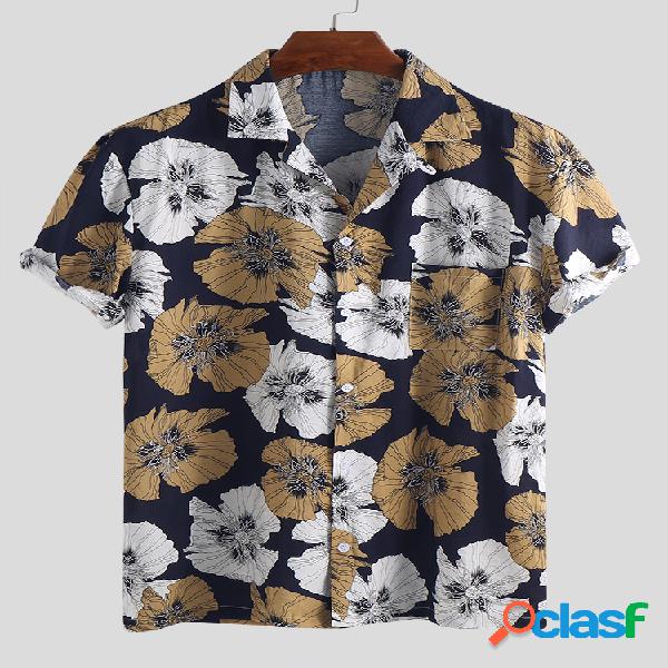 Mens Hawaiian Holiday Floral Printed Casual Turn Down Collar
