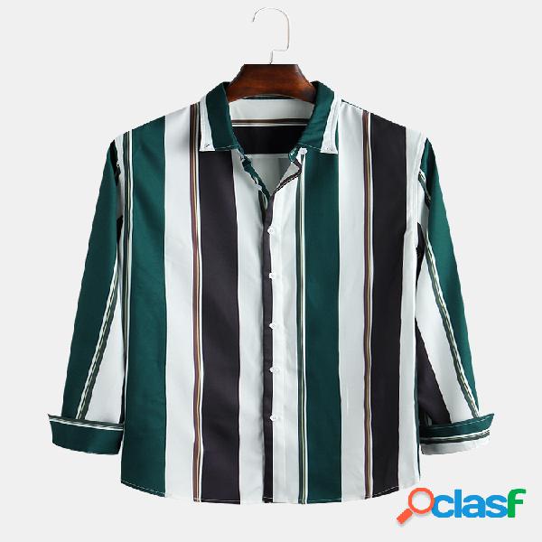 Mens Hit Color Striped Printed Turn Down Collar Camisas de