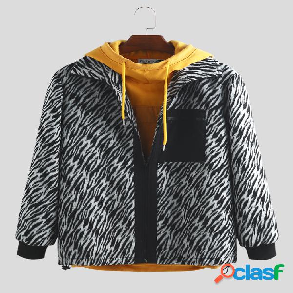 Mens Leopard Printing Fleece Warm manga comprida Fur Zipper